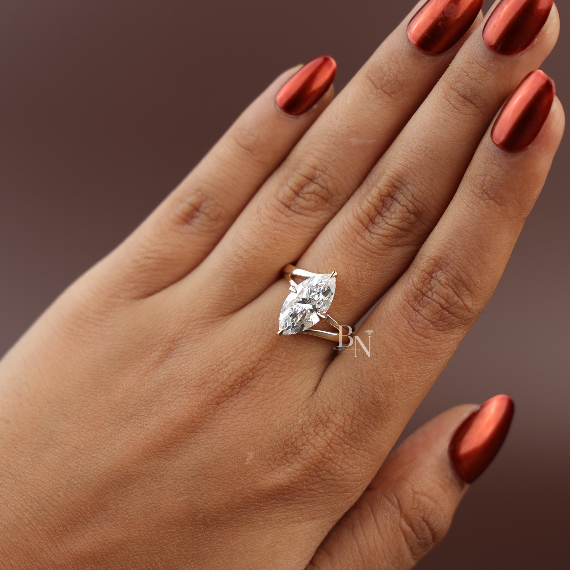 3ct Marquise Cut Lab Grown Diamond Engagement Ring | 14K Gold Split Shank Solitaire | Hidden Halo Accent