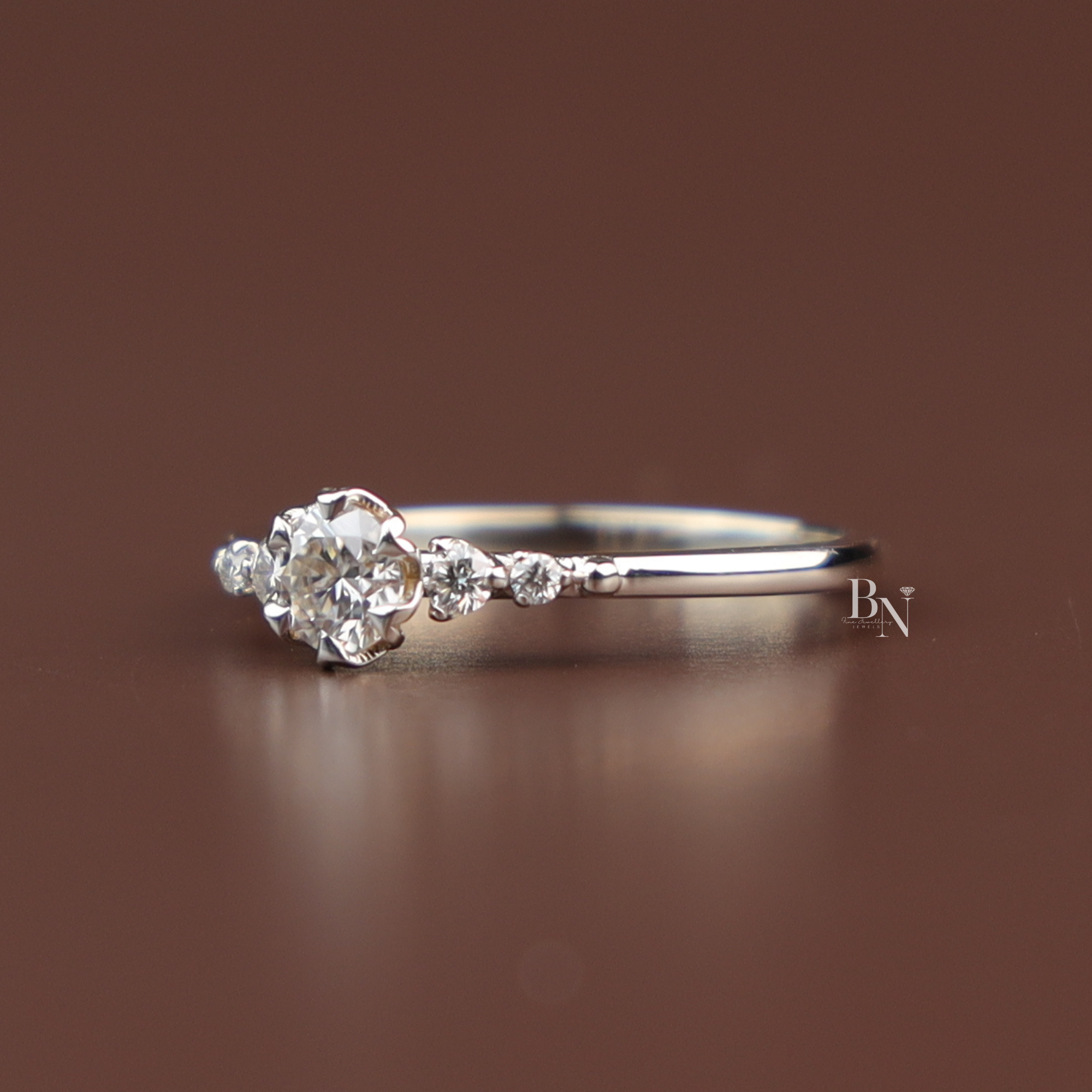Round Cut Lab Diamond Ring, Floral Basket Setting, Dainty Side Stone Band, 14k Gold Engagement Ring
