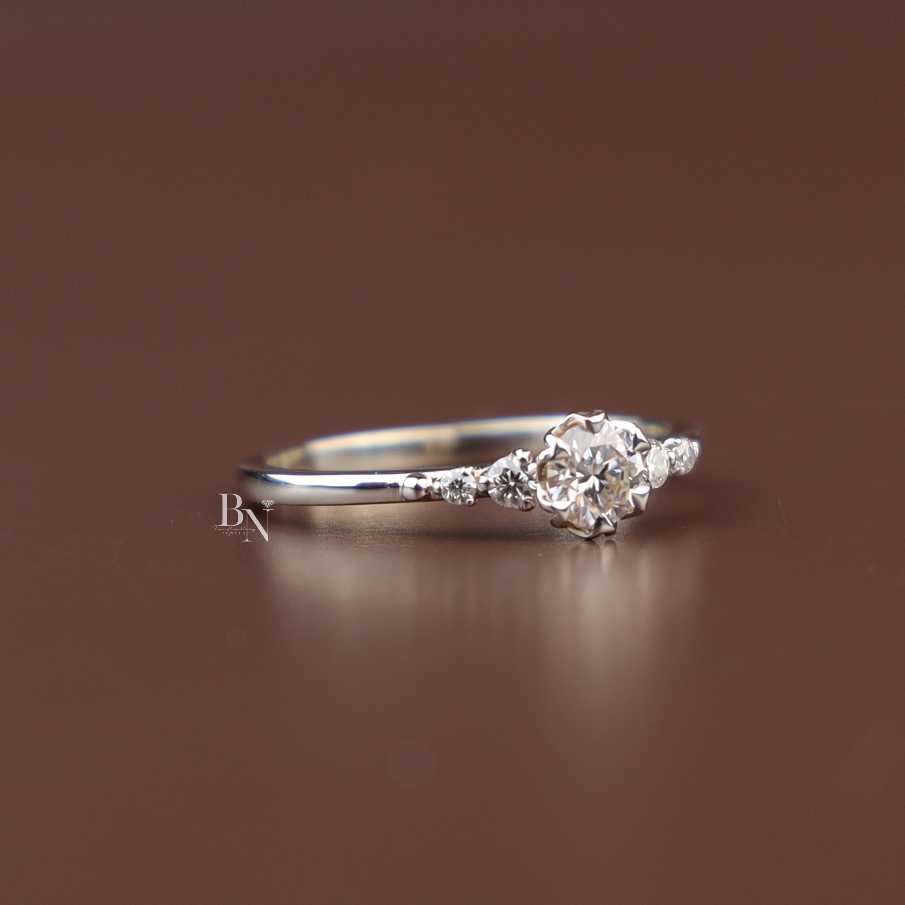 Round Cut Lab Diamond Ring, Floral Basket Setting, Dainty Side Stone Band, 14k Gold Engagement Ring