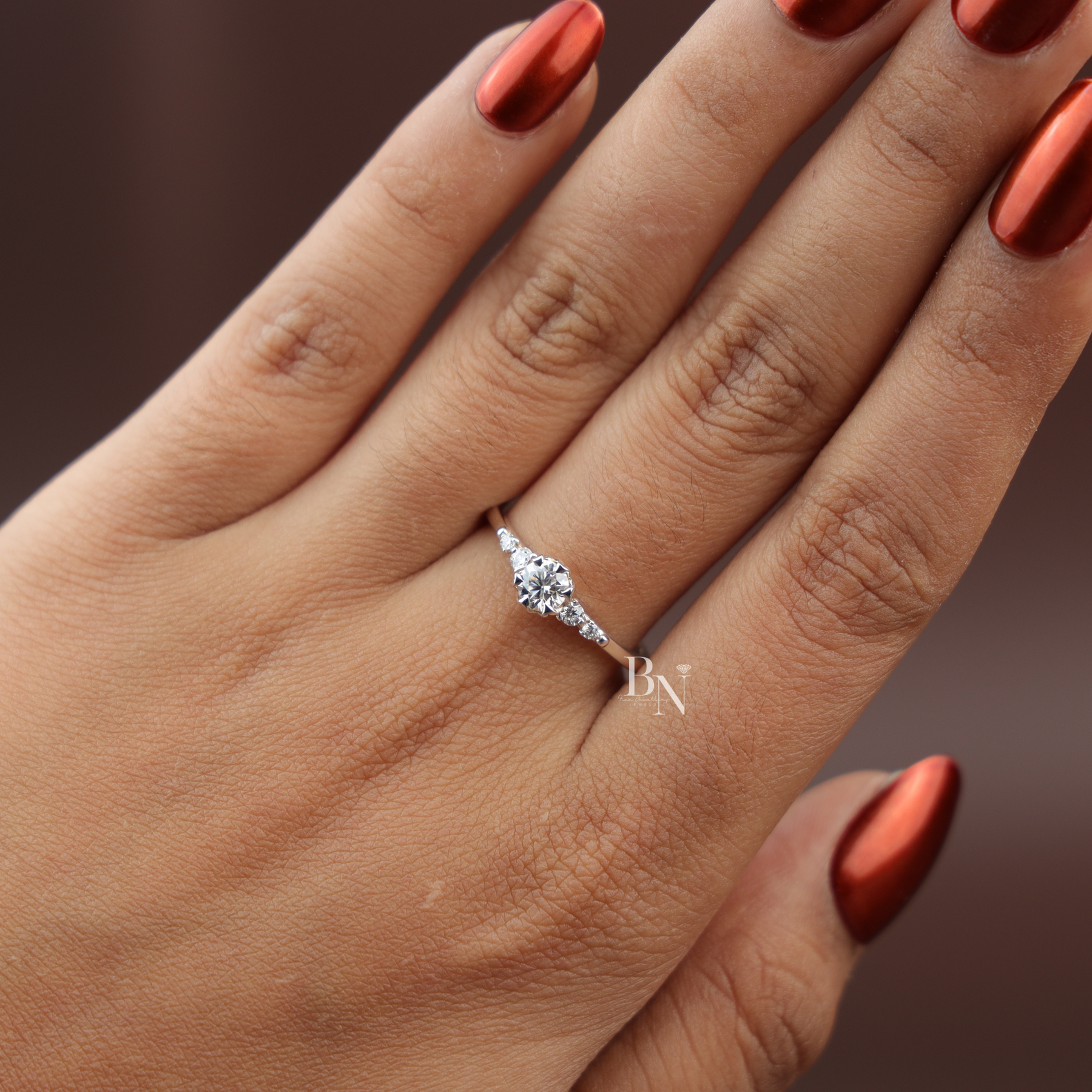 Round Cut Lab Diamond Ring, Floral Basket Setting, Dainty Side Stone Band, 14k Gold Engagement Ring