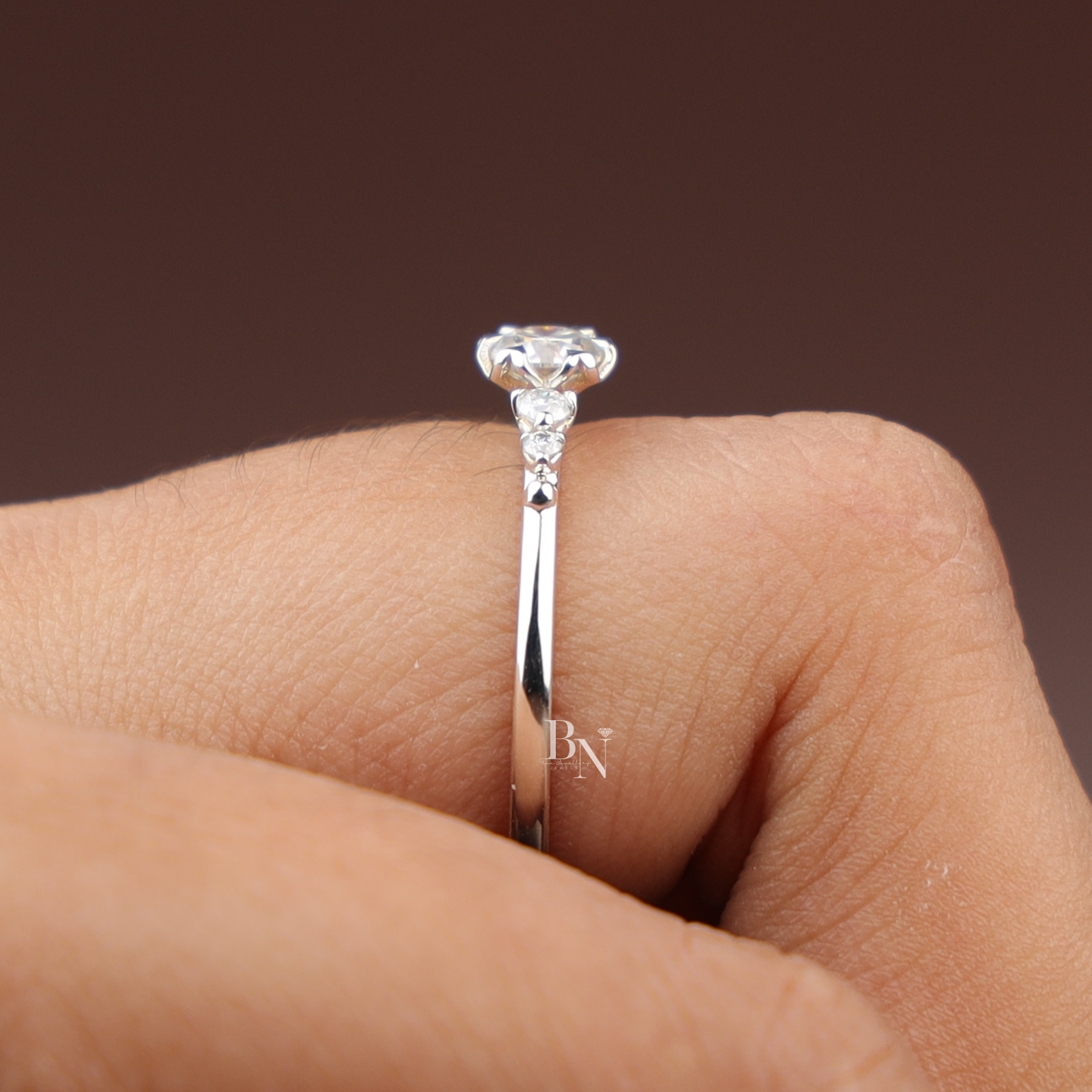 Round Cut Lab Diamond Ring, Floral Basket Setting, Dainty Side Stone Band, 14k Gold Engagement Ring