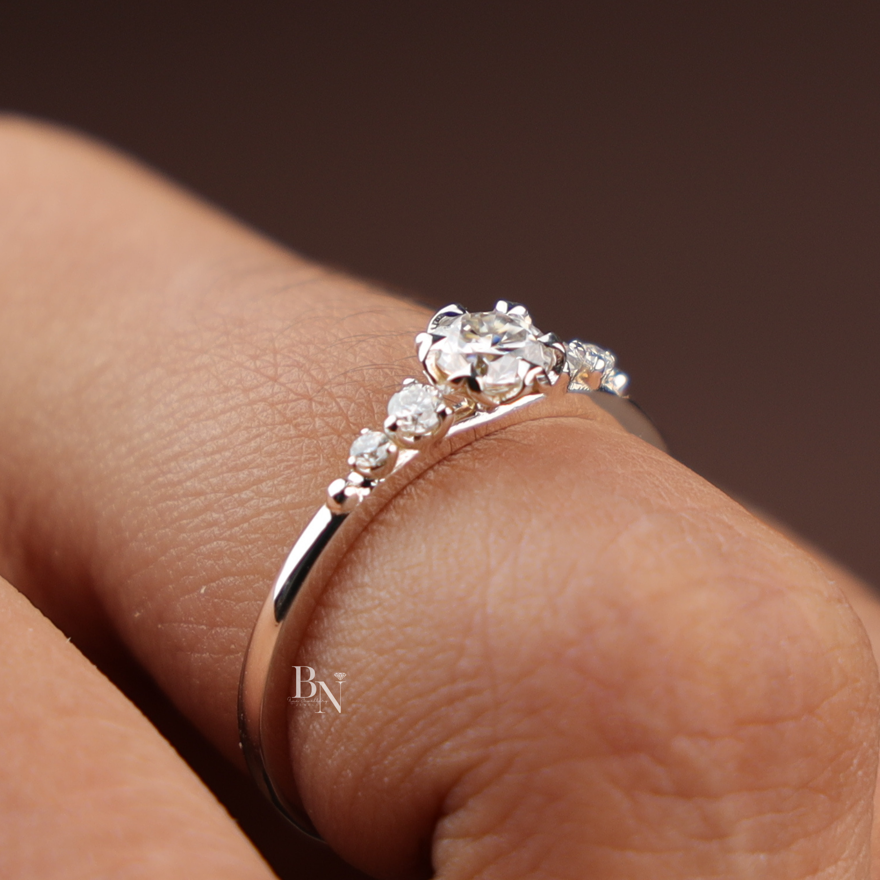 Round Cut Lab Diamond Ring, Floral Basket Setting, Dainty Side Stone Band, 14k Gold Engagement Ring