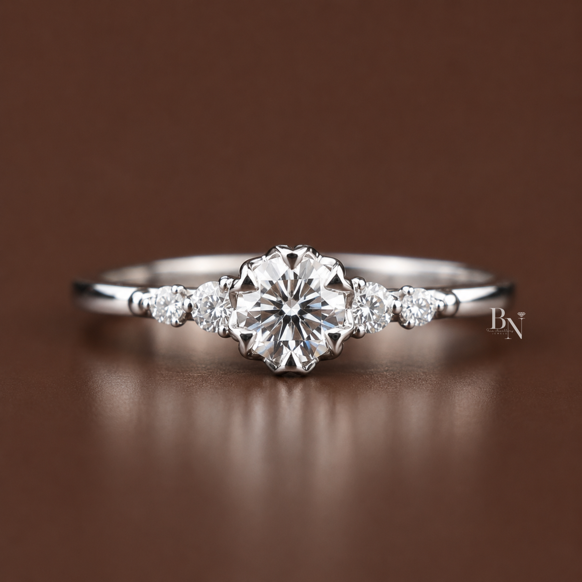 Round Cut Lab Diamond Ring, Floral Basket Setting, Dainty Side Stone Band, 14k Gold Engagement Ring