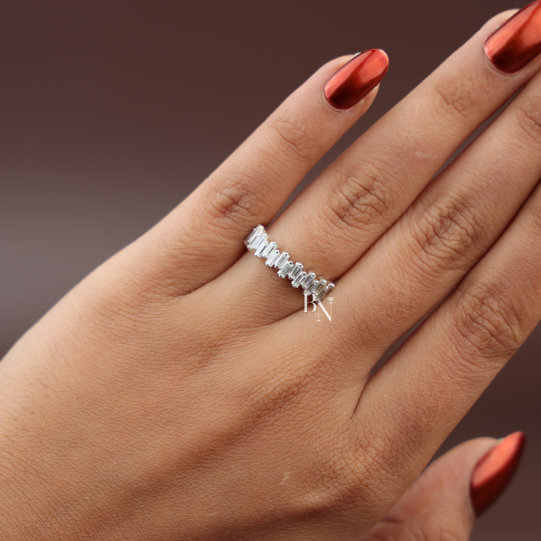 Baguette Cut Lab Diamond Band, Staggered Eternity Wedding Ring, Modern Scattered Diamond Ring
