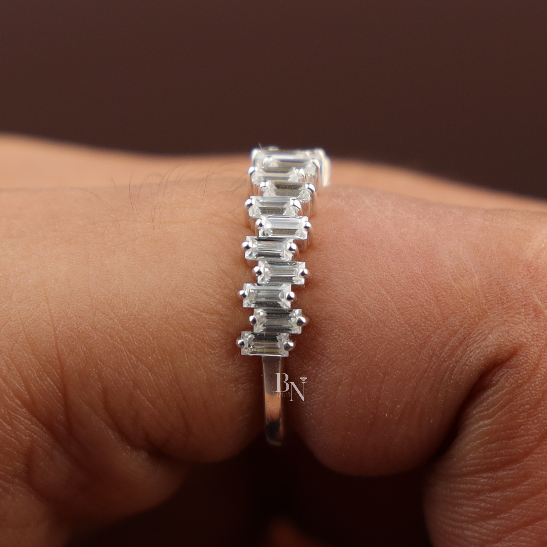 Baguette Cut Lab Diamond Band, Staggered Eternity Wedding Ring, Modern Scattered Diamond Ring
