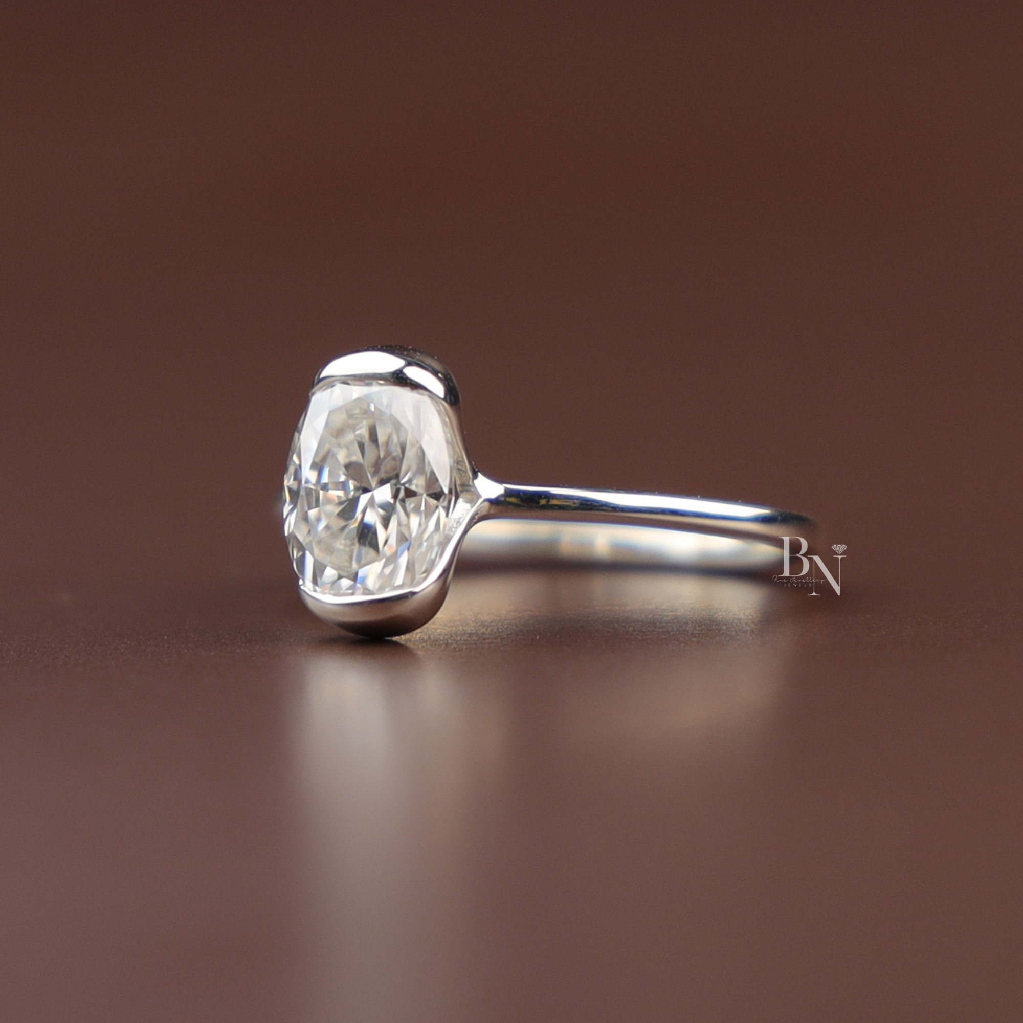 Oval Cut Lab Diamond Ring, 1 Carat Appearance Solitaire, Half Bezel Setting, Minimalist Engagement Ring