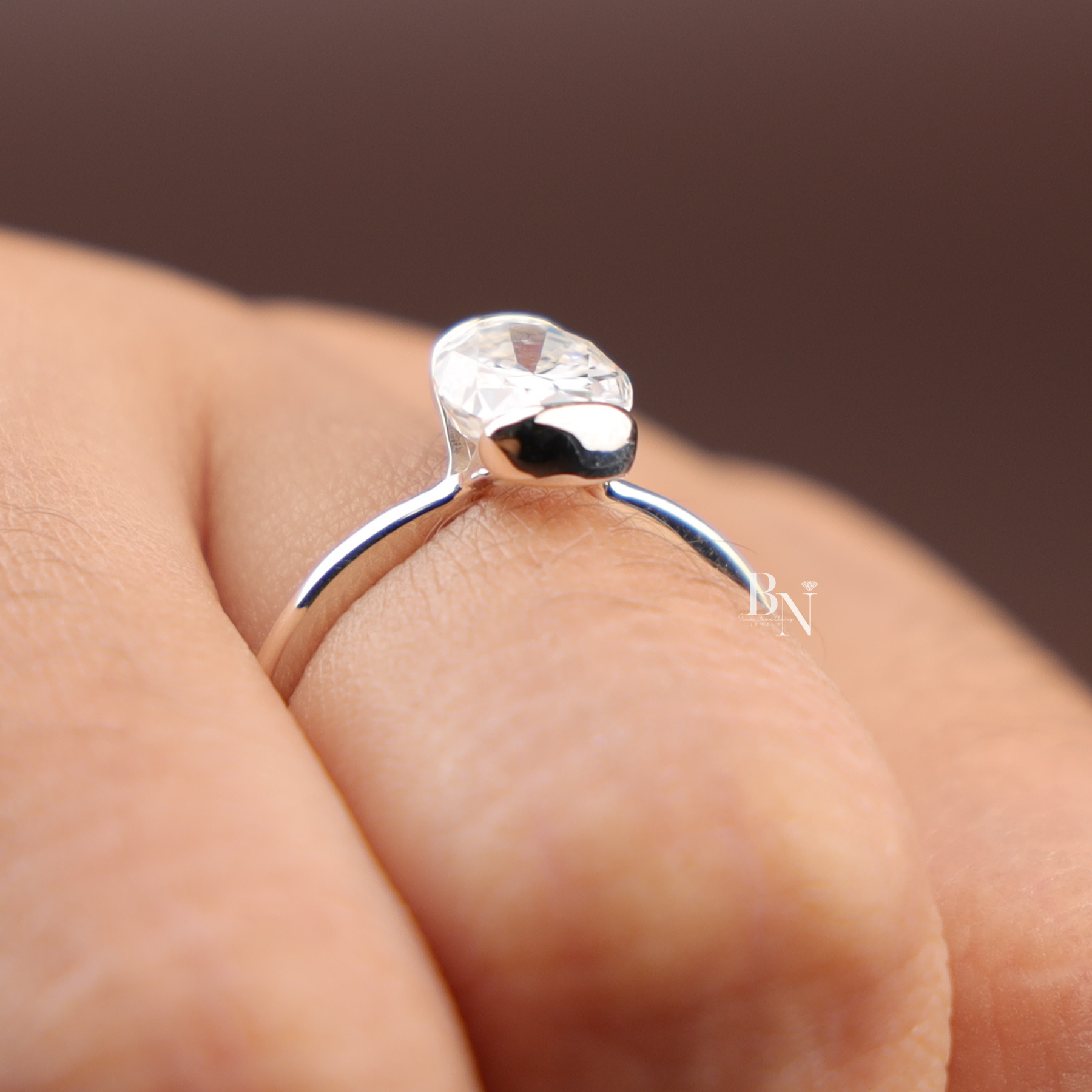 Oval Cut Lab Diamond Ring, 1 Carat Appearance Solitaire, Half Bezel Setting, Minimalist Engagement Ring