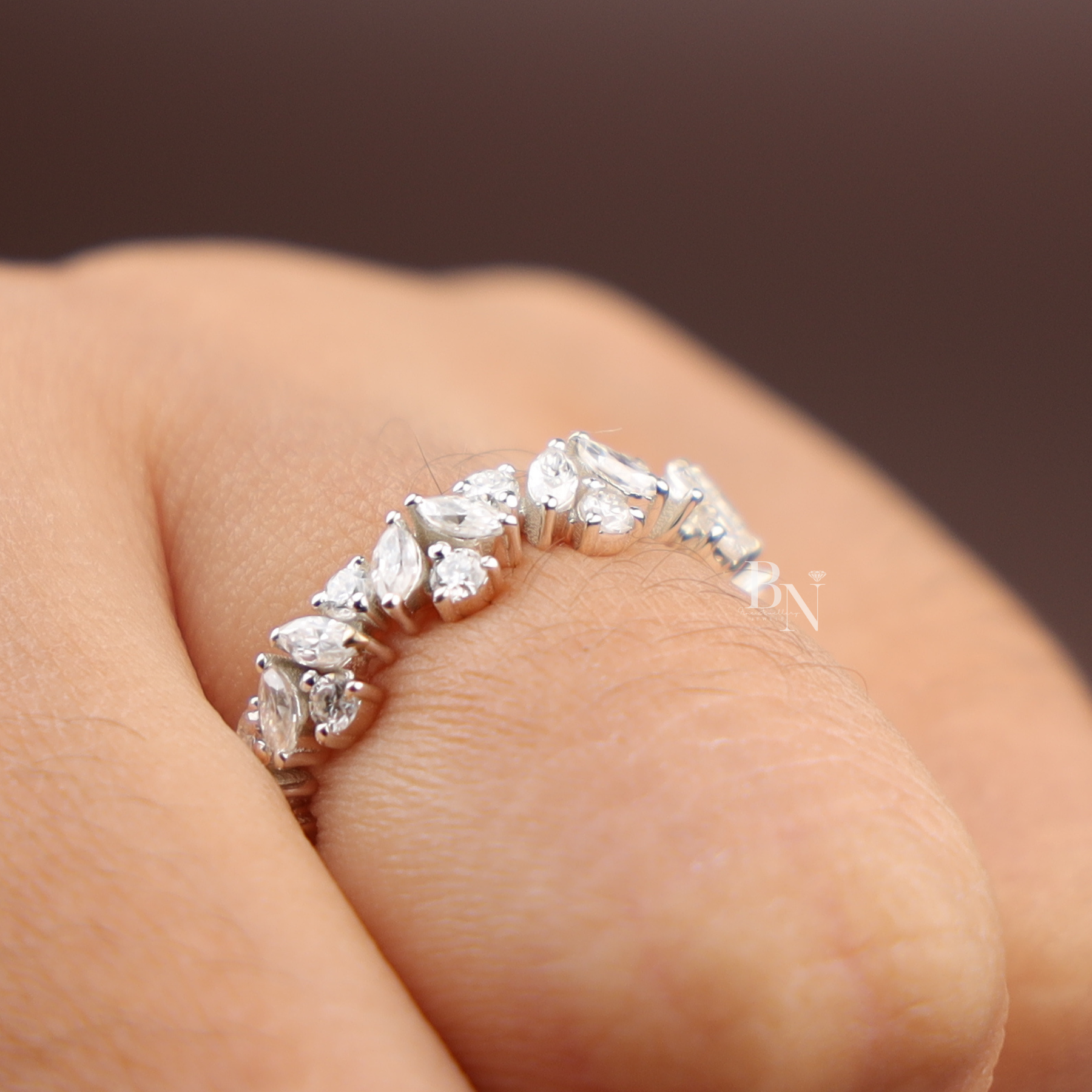 Marquise and Round Lab Diamond Band, Alternating Eternity Wedding Ring, Stackable Bridal Gold Band