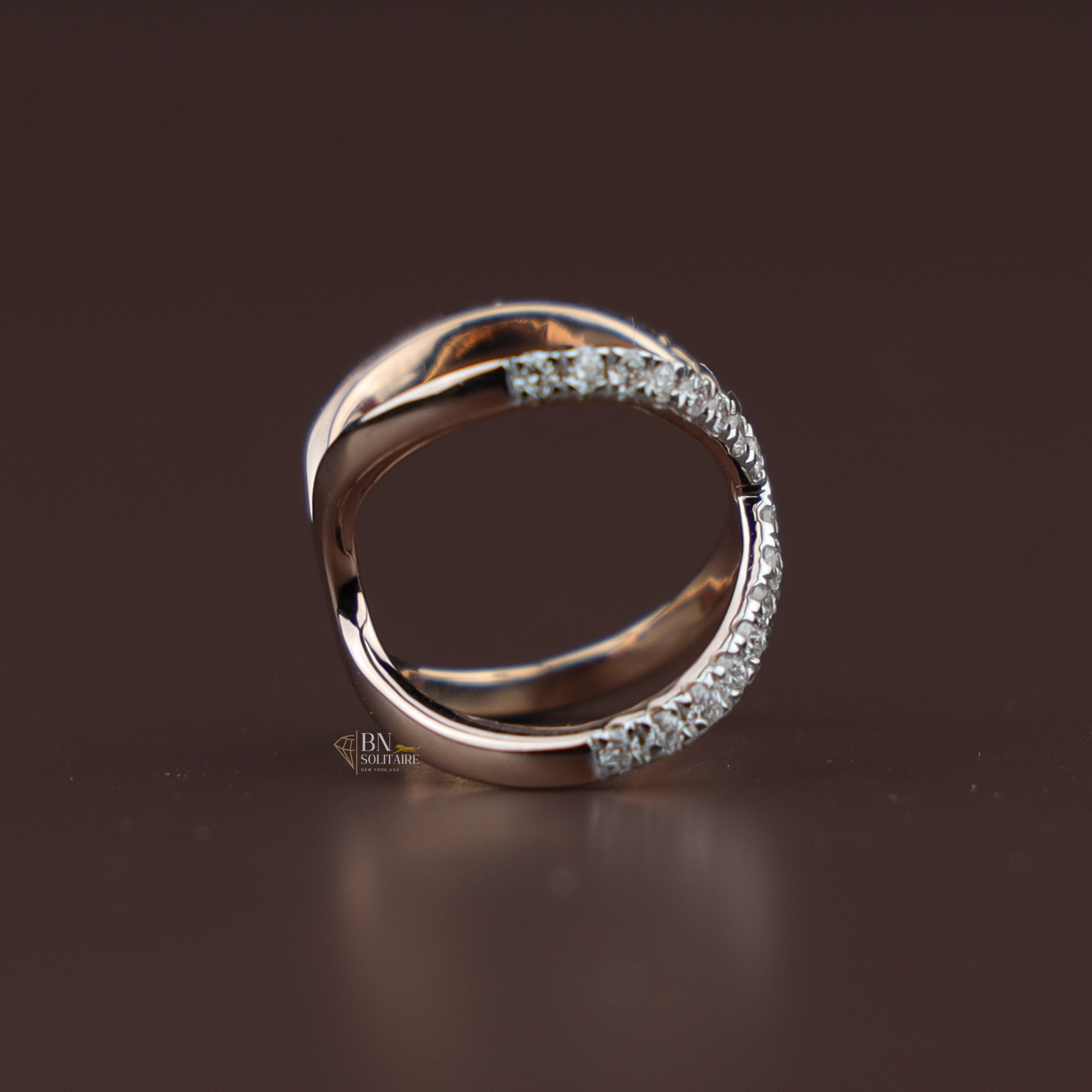X Crossover Lab Diamond Band, Modern Pave Diamond X Ring, Stackable Gold Statement Ring, Criss Cross