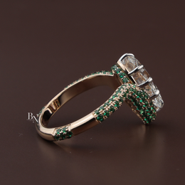 Pear Cut Lab Diamond Ring, 3 Carat Appearance, Emerald Halo Engagement Ring, Unique Gold Statement Band