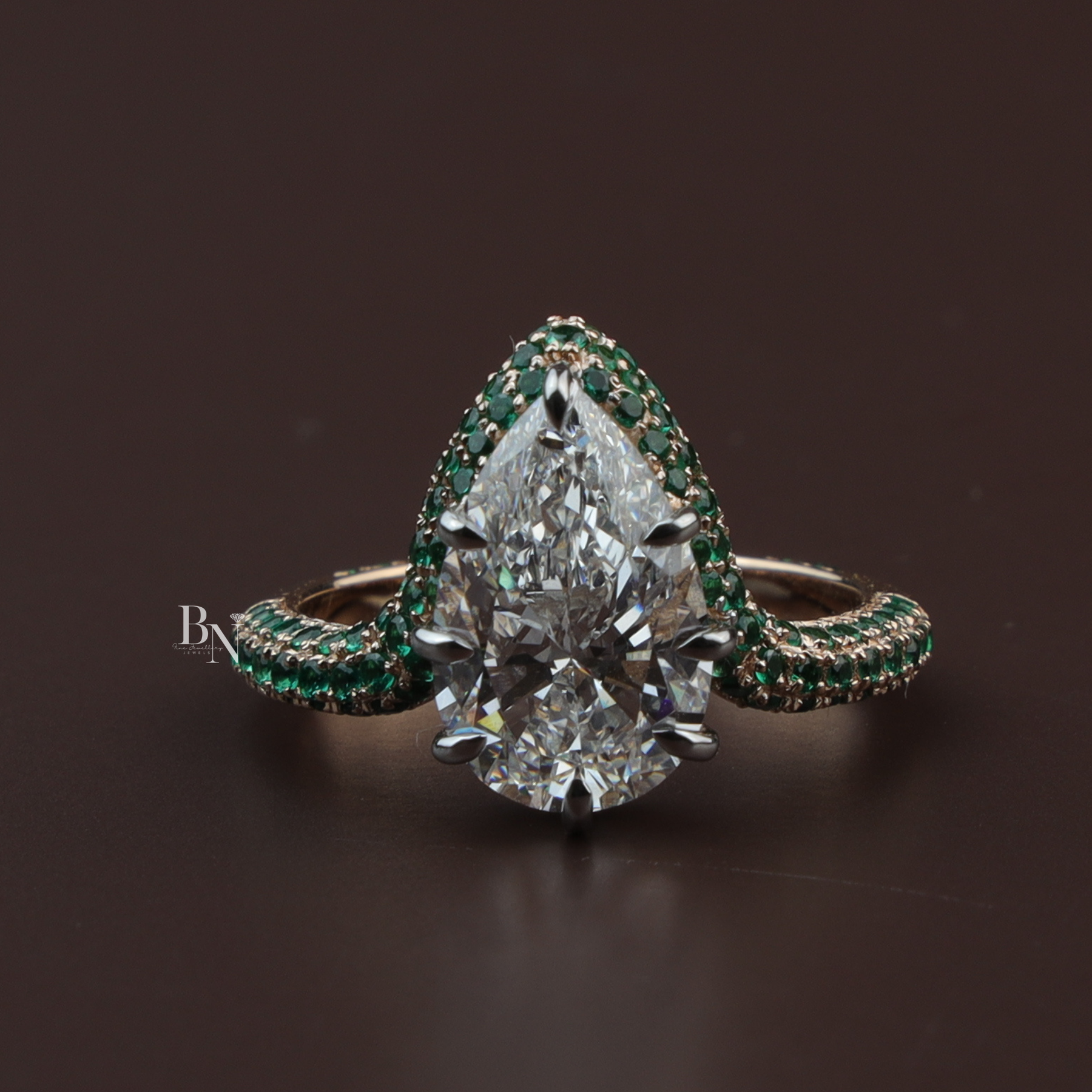 Pear Cut Lab Diamond Ring, 3 Carat Appearance, Emerald Halo Engagement Ring, Unique Gold Statement Band
