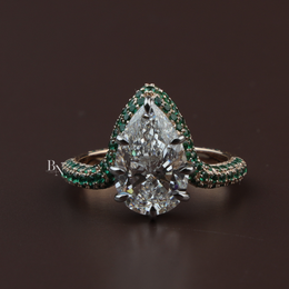 Pear Cut Lab Diamond Ring, 3 Carat Appearance, Emerald Halo Engagement Ring, Unique Gold Statement Band