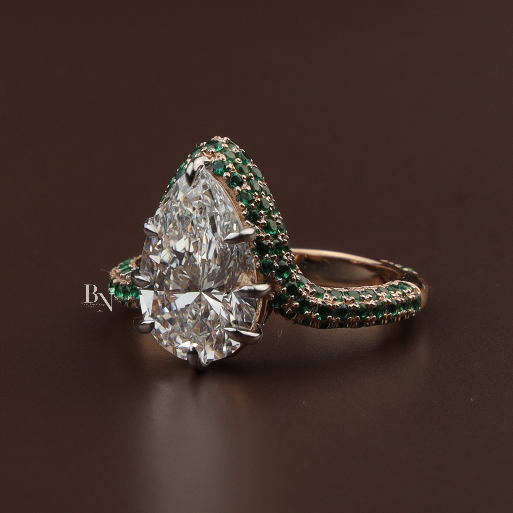 Pear Cut Lab Diamond Ring, 3 Carat Appearance, Emerald Halo Engagement Ring, Unique Gold Statement Band