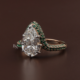 Pear Cut Lab Diamond Ring, 3 Carat Appearance, Emerald Halo Engagement Ring, Unique Gold Statement Band