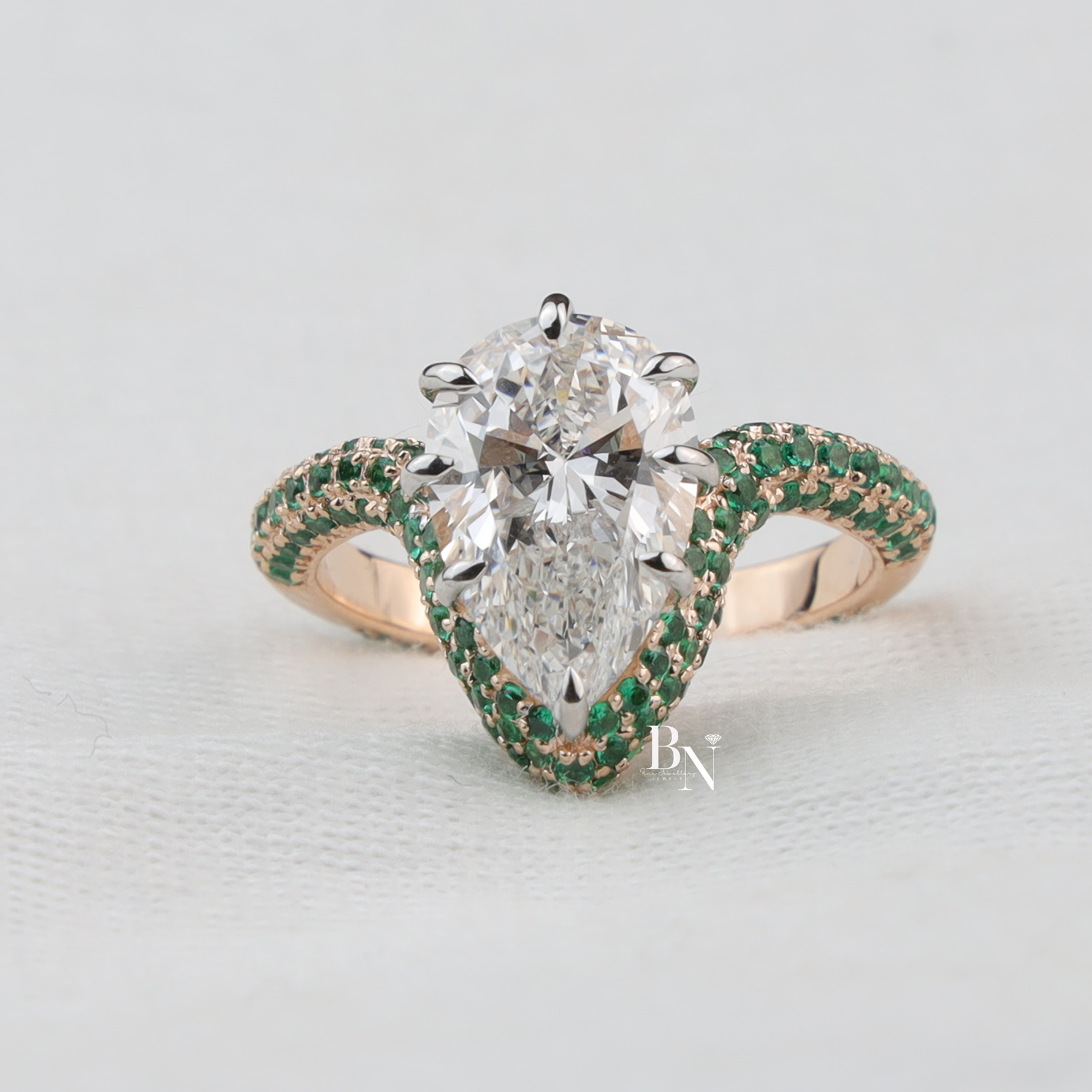 Pear Cut Lab Diamond Ring, 3 Carat Appearance, Emerald Halo Engagement Ring, Unique Gold Statement Band