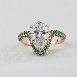 Pear Cut Lab Diamond Ring, 3 Carat Appearance, Emerald Halo Engagement Ring, Unique Gold Statement Band