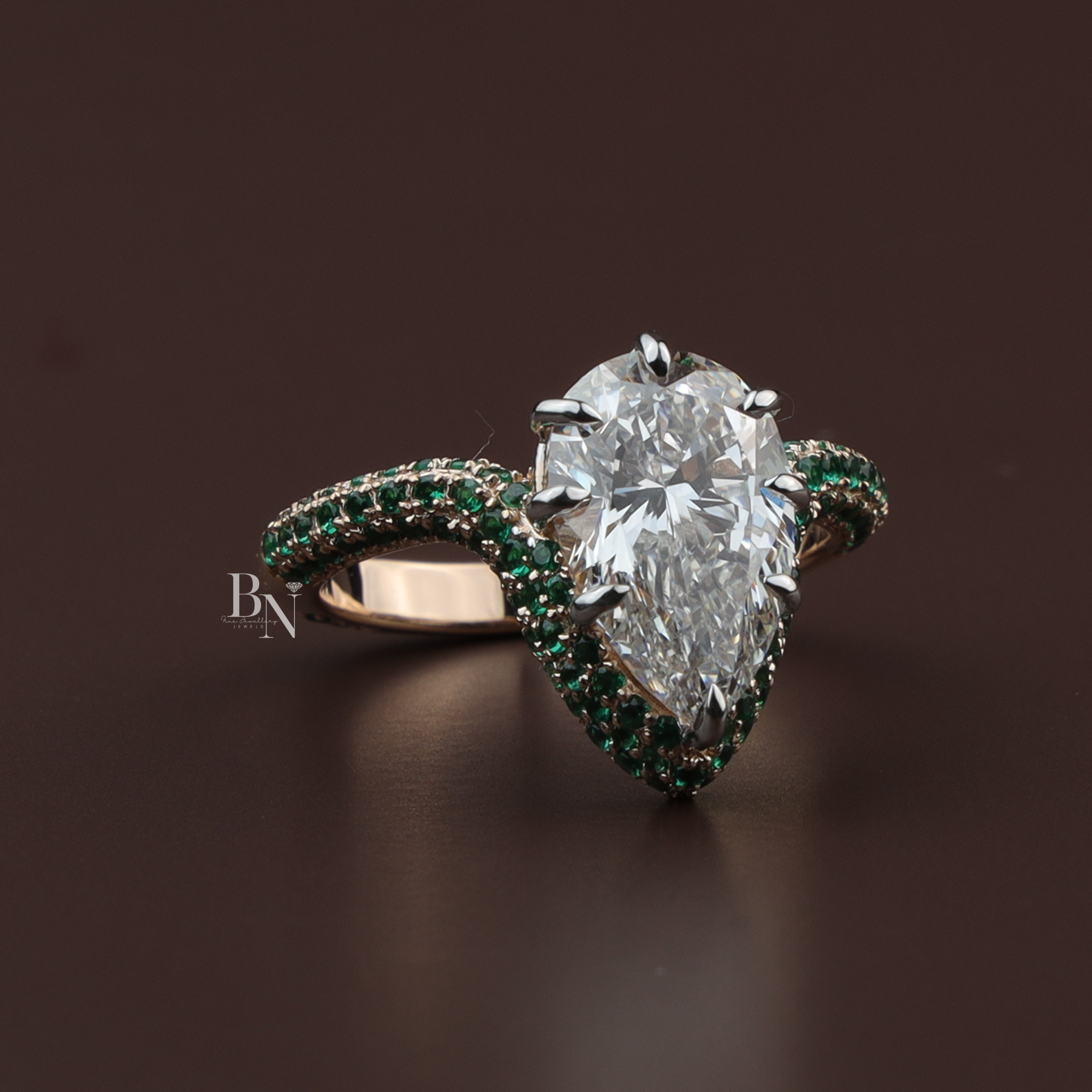 Pear Cut Lab Diamond Ring, 3 Carat Appearance, Emerald Halo Engagement Ring, Unique Gold Statement Band