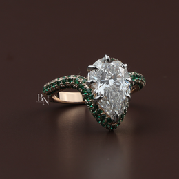 Pear Cut Lab Diamond Ring, 3 Carat Appearance, Emerald Halo Engagement Ring, Unique Gold Statement Band