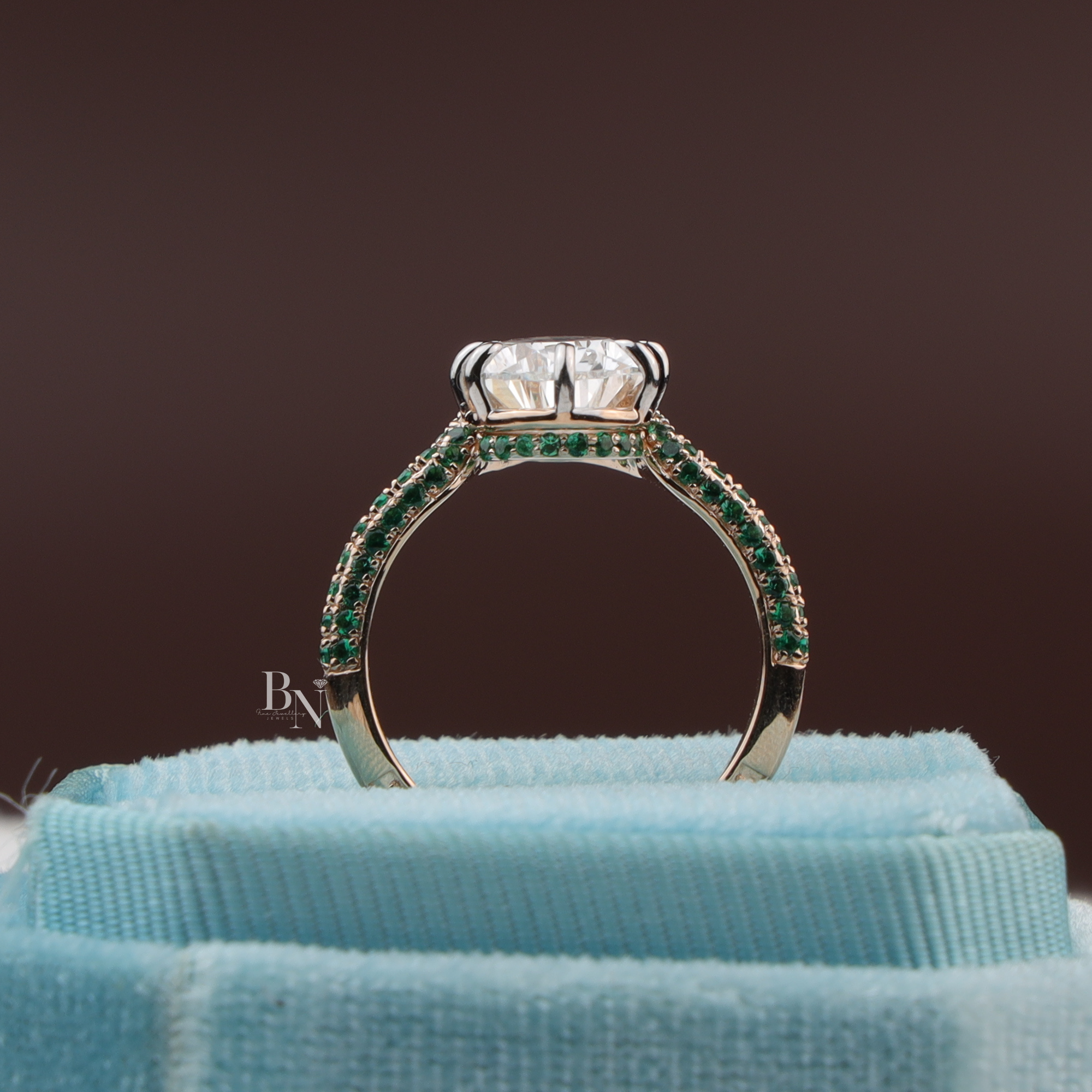 Pear Cut Lab Diamond Ring, 3 Carat Appearance, Emerald Halo Engagement Ring, Unique Gold Statement Band