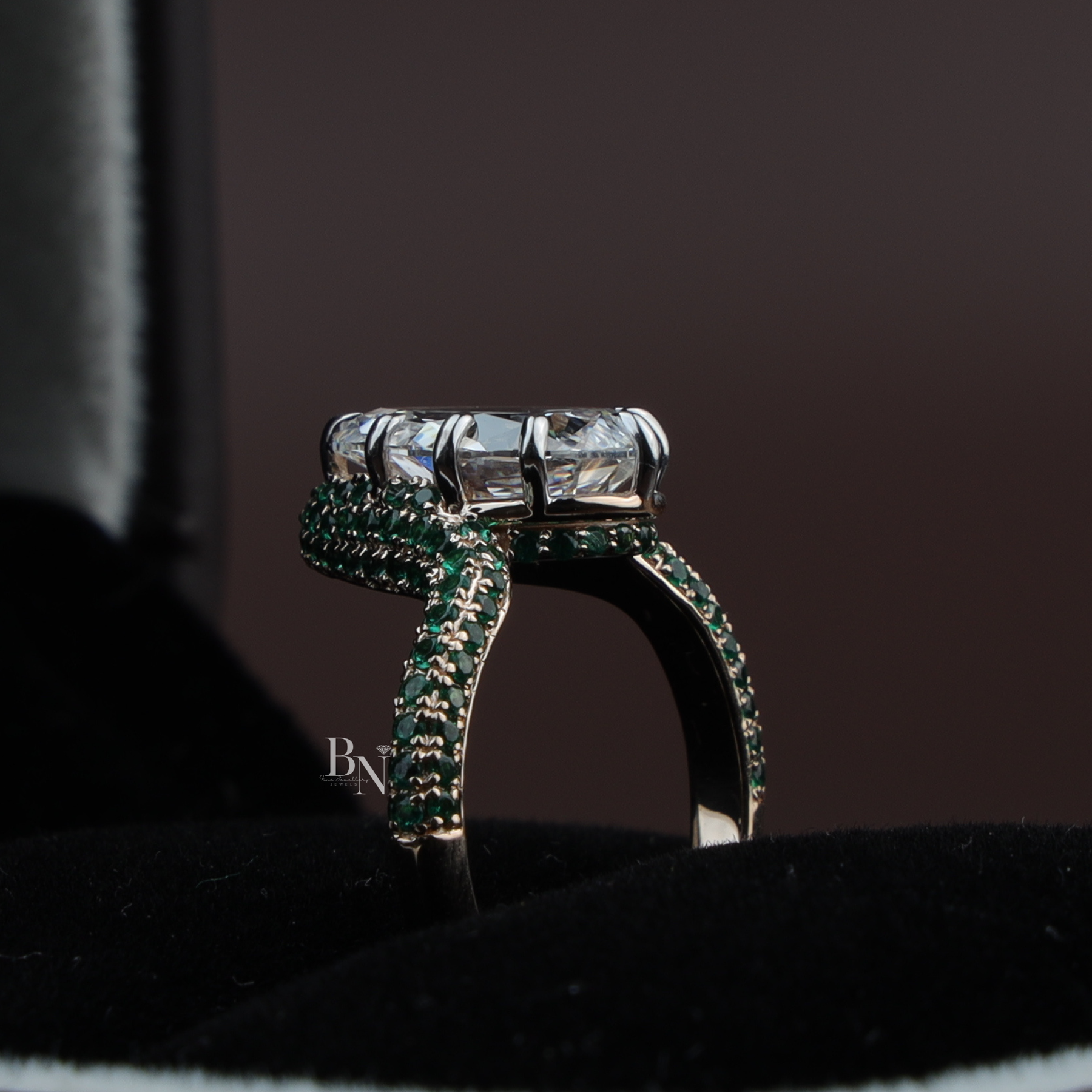 Pear Cut Lab Diamond Ring, 3 Carat Appearance, Emerald Halo Engagement Ring, Unique Gold Statement Band