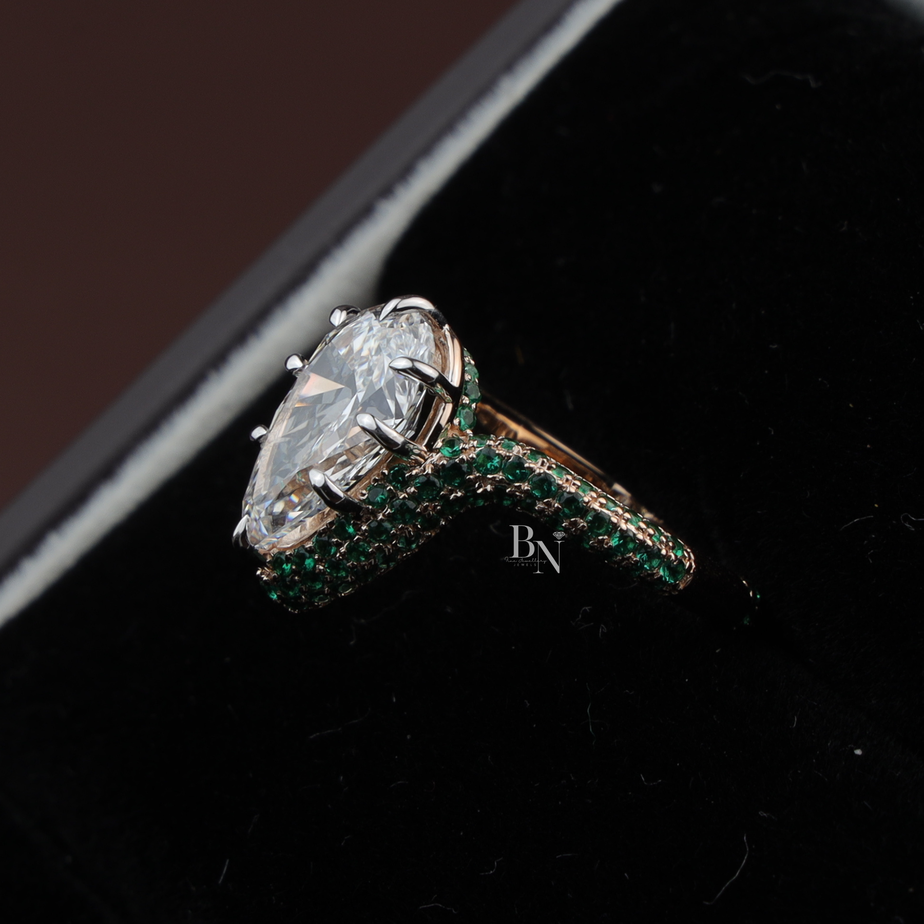 Pear Cut Lab Diamond Ring, 3 Carat Appearance, Emerald Halo Engagement Ring, Unique Gold Statement Band