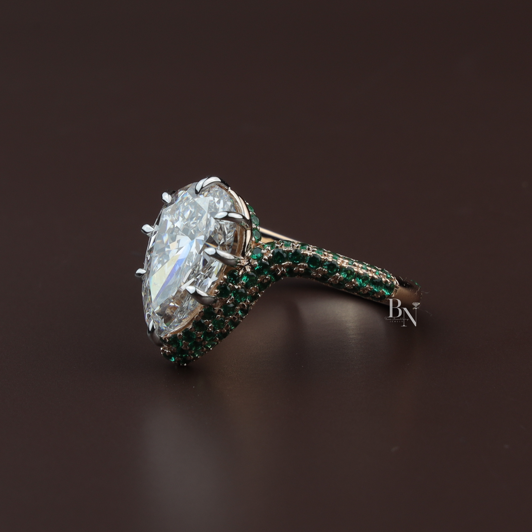 Pear Cut Lab Diamond Ring, 3 Carat Appearance, Emerald Halo Engagement Ring, Unique Gold Statement Band