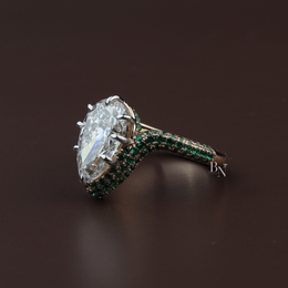 Pear Cut Lab Diamond Ring, 3 Carat Appearance, Emerald Halo Engagement Ring, Unique Gold Statement Band