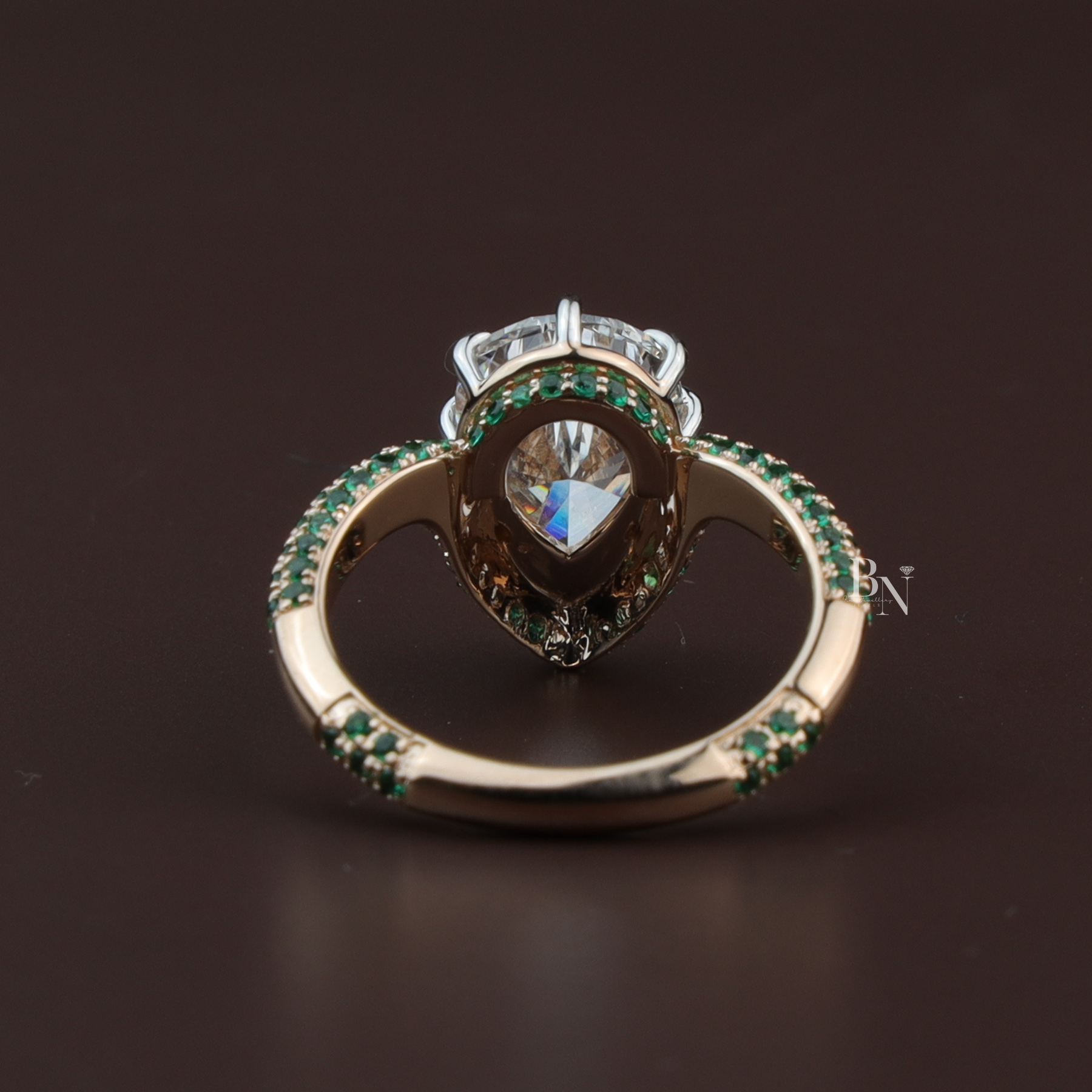 Pear Cut Lab Diamond Ring, 3 Carat Appearance, Emerald Halo Engagement Ring, Unique Gold Statement Band