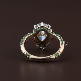 Pear Cut Lab Diamond Ring, 3 Carat Appearance, Emerald Halo Engagement Ring, Unique Gold Statement Band