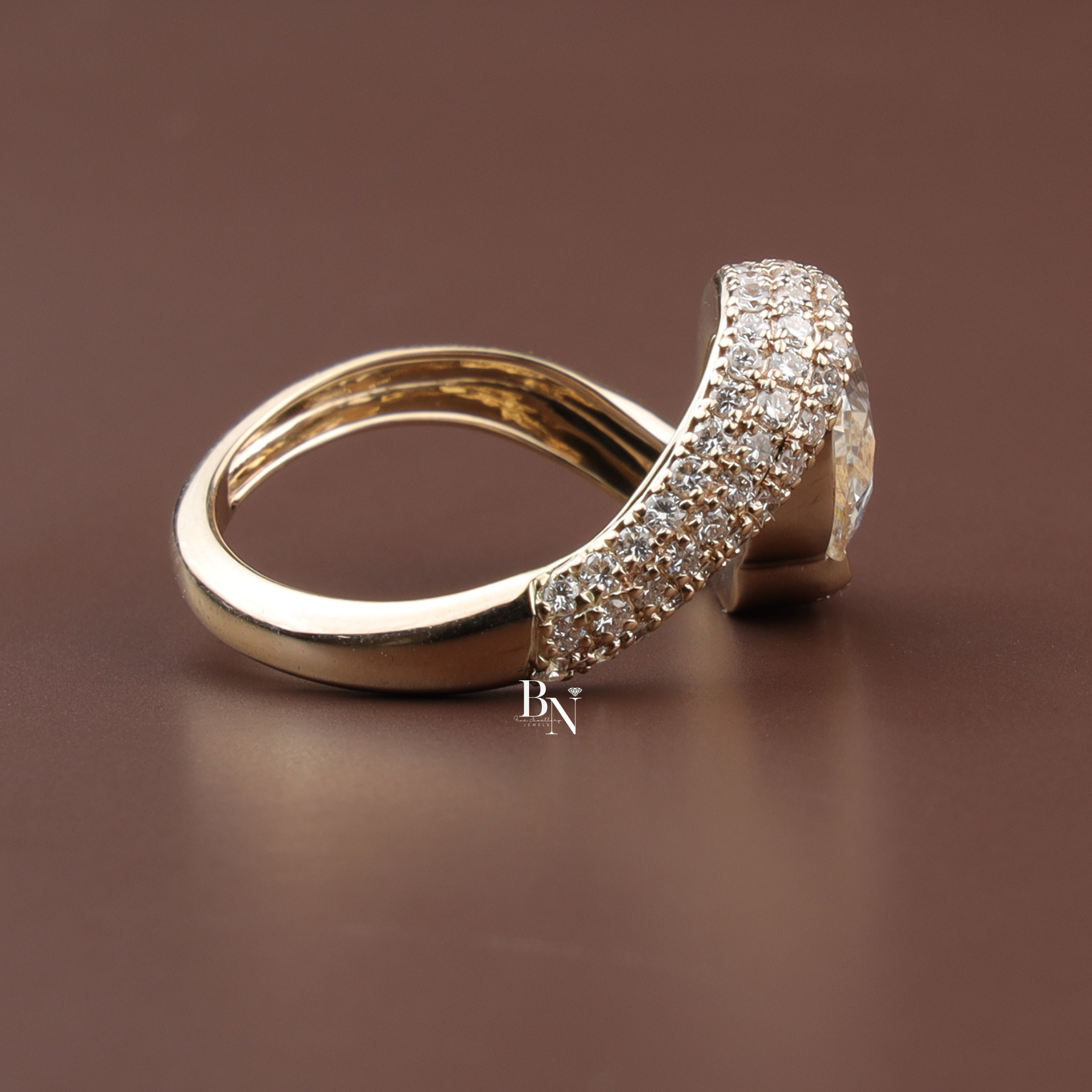 Pear Cut Lab Diamond Ring, 2.5 Carat Appearance, Bypass Engagement Ring, Pavé Encrusted Gold Band