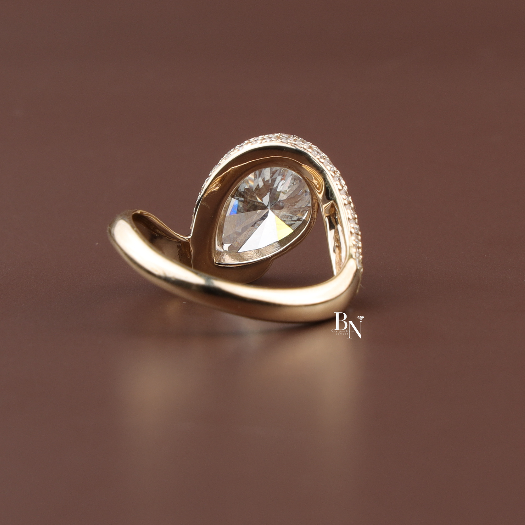 Pear Cut Lab Diamond Ring, 2.5 Carat Appearance, Bypass Engagement Ring, Pavé Encrusted Gold Band