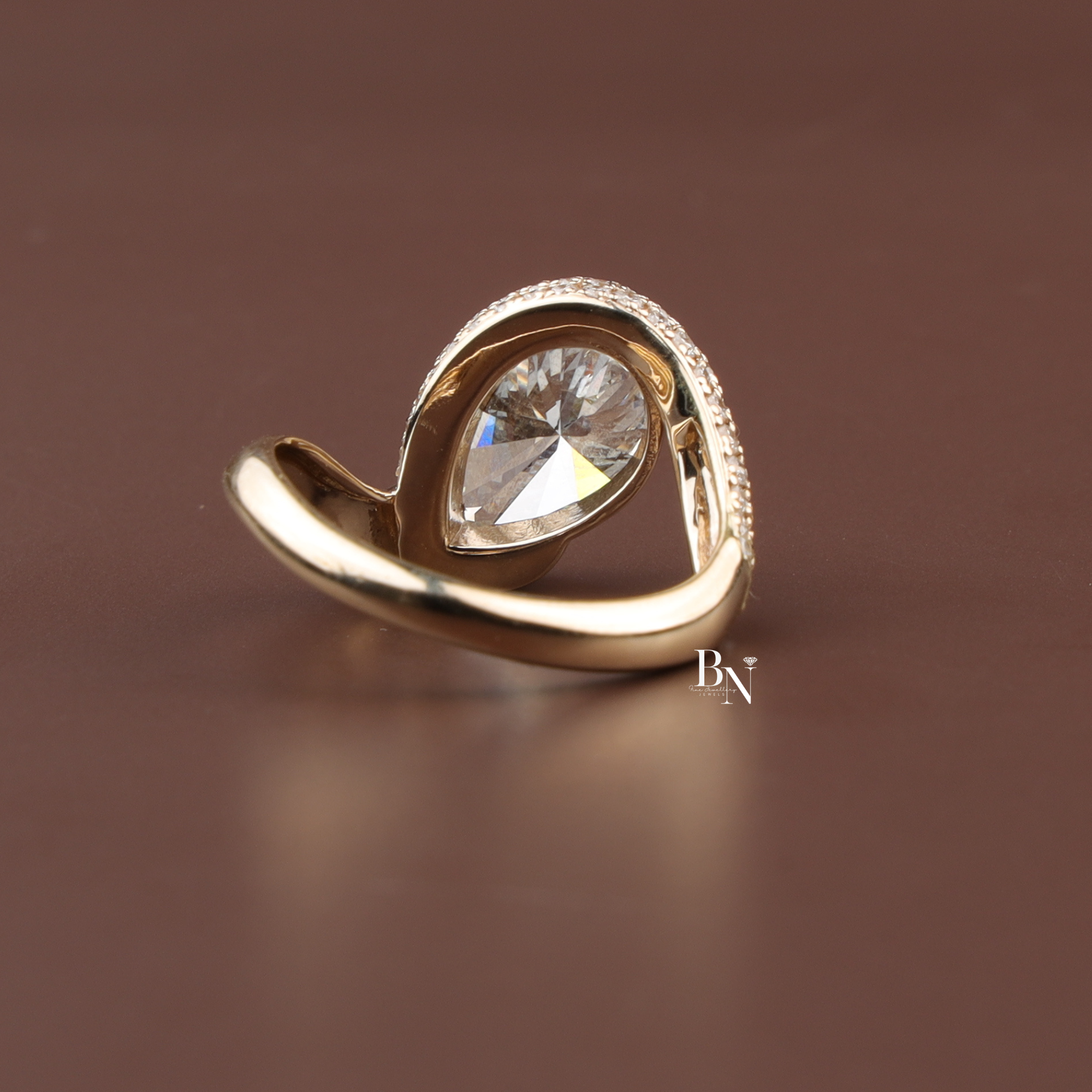 Pear Cut Lab Diamond Ring, 2.5 Carat Appearance, Bypass Engagement Ring, Pavé Encrusted Gold Band