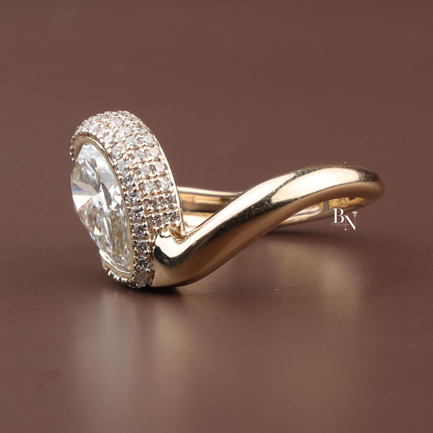 Pear Cut Lab Diamond Ring, 2.5 Carat Appearance, Bypass Engagement Ring, Pavé Encrusted Gold Band