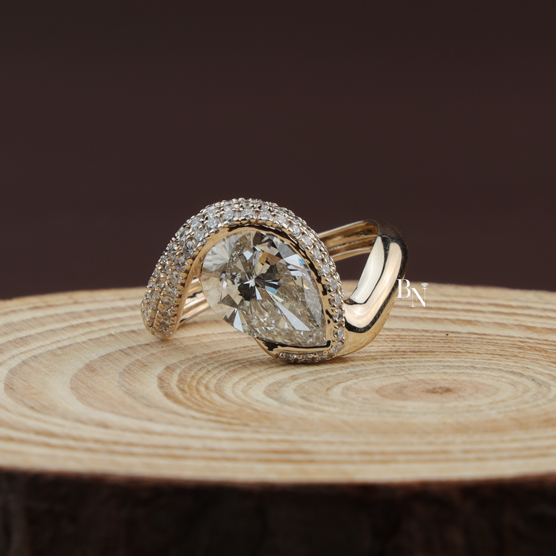 Pear Cut Lab Diamond Ring, 2.5 Carat Appearance, Bypass Engagement Ring, Pavé Encrusted Gold Band