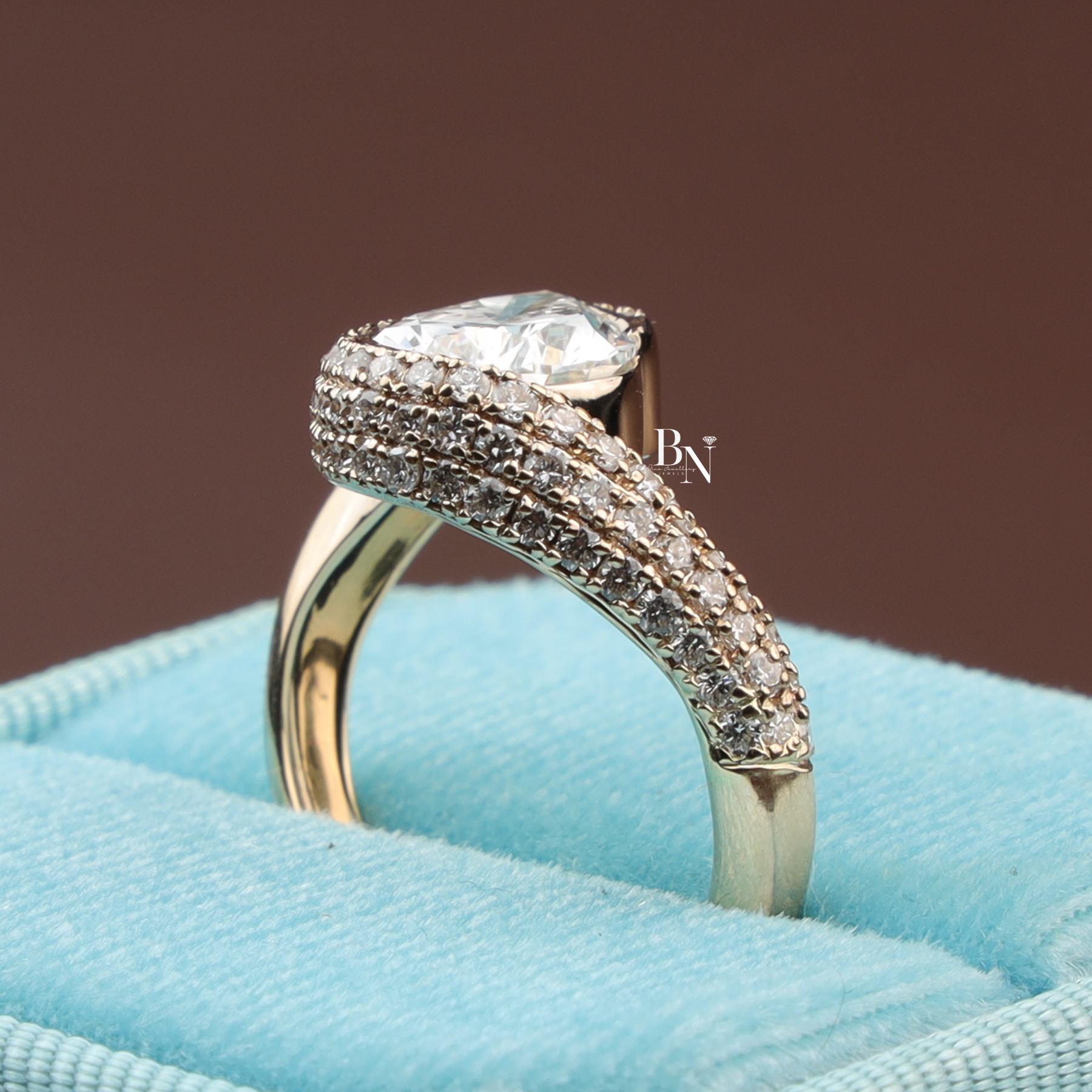Pear Cut Lab Diamond Ring, 2.5 Carat Appearance, Bypass Engagement Ring, Pavé Encrusted Gold Band