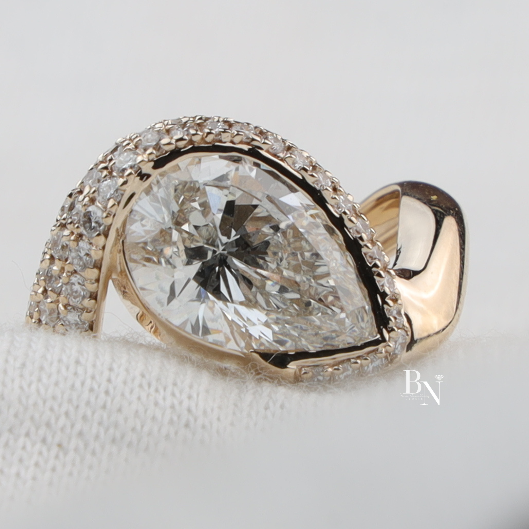 Pear Cut Lab Diamond Ring, 2.5 Carat Appearance, Bypass Engagement Ring, Pavé Encrusted Gold Band