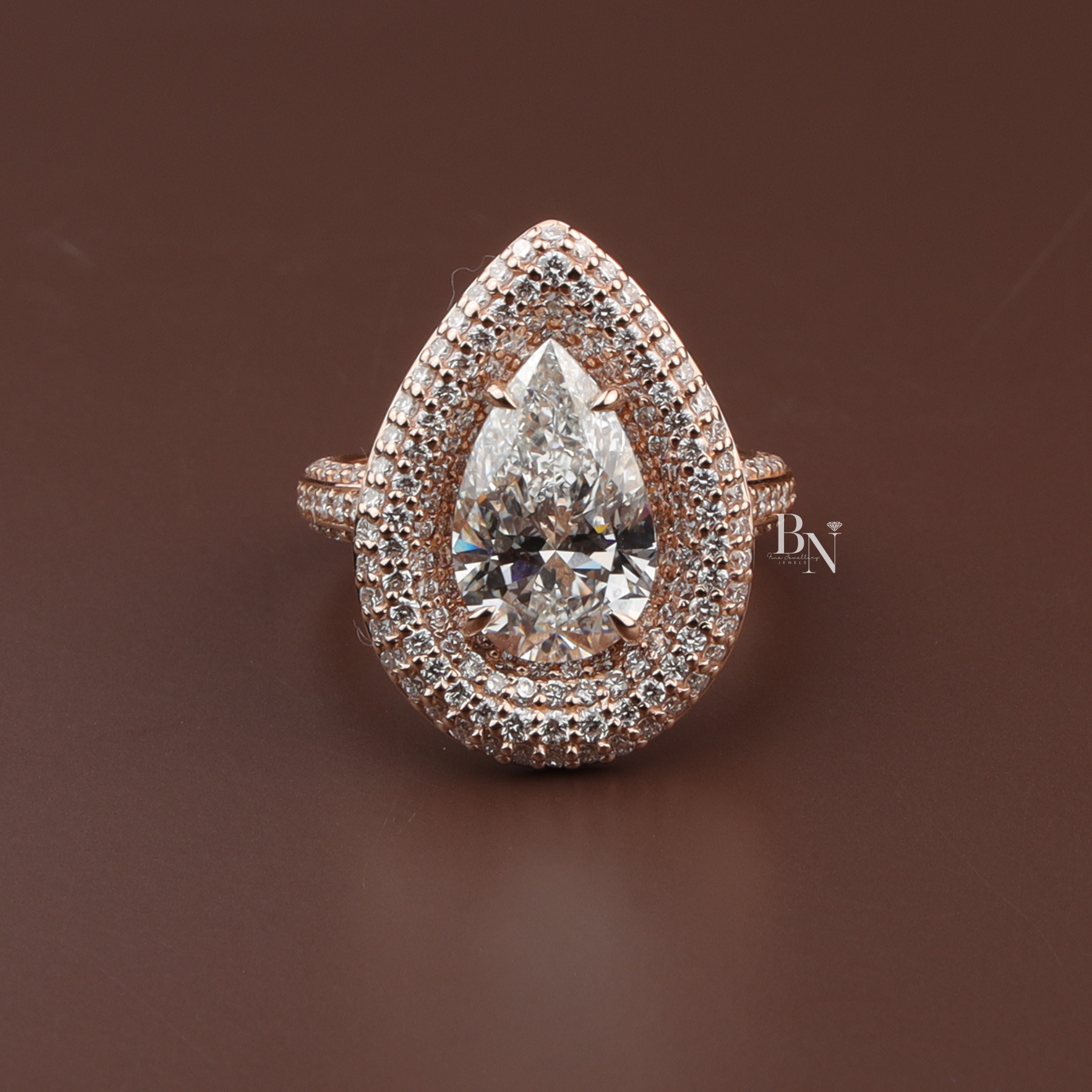 Pear Cut Lab Diamond Ring, 3 Carat Appearance, Double Halo Engagement Ring, Pavé Encrusted Gold Band