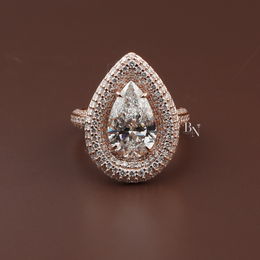 Pear Cut Lab Diamond Ring, 3 Carat Appearance, Double Halo Engagement Ring, Pavé Encrusted Gold Band