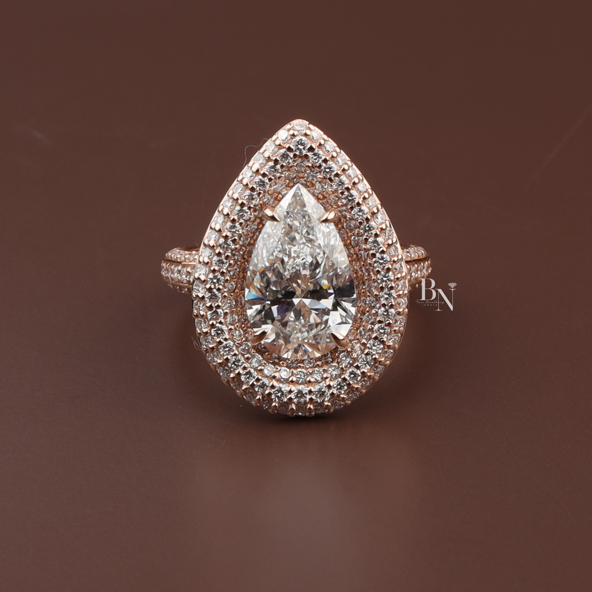 pear diamond, lab diamond, double halo, engagement ring, statement ring, 3 carat ring, gold ring, bridal jewelry, unique ring, anniversary gift, luxury wedding, custom gold ring, pavé band