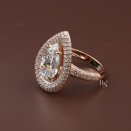 Pear Cut Lab Diamond Ring, 3 Carat Appearance, Double Halo Engagement Ring, Pavé Encrusted Gold Band