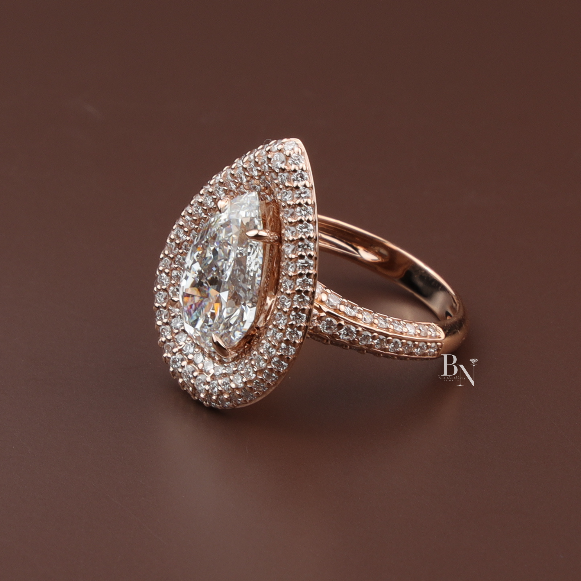 Pear Cut Lab Diamond Ring, 3 Carat Appearance, Double Halo Engagement Ring, Pavé Encrusted Gold Band