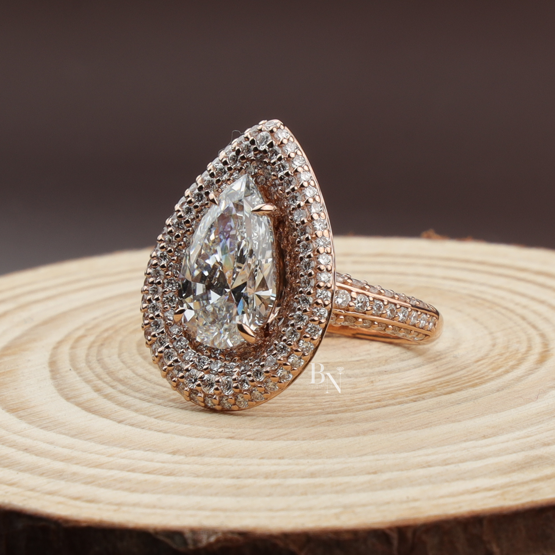 Pear Cut Lab Diamond Ring, 3 Carat Appearance, Double Halo Engagement Ring, Pavé Encrusted Gold Band