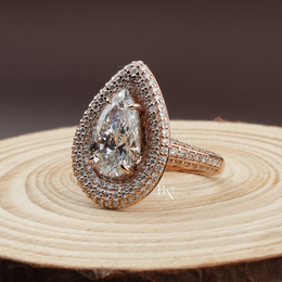 Pear Cut Lab Diamond Ring, 3 Carat Appearance, Double Halo Engagement Ring, Pavé Encrusted Gold Band
