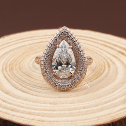 Pear Cut Lab Diamond Ring, 3 Carat Appearance, Double Halo Engagement Ring, Pavé Encrusted Gold Band