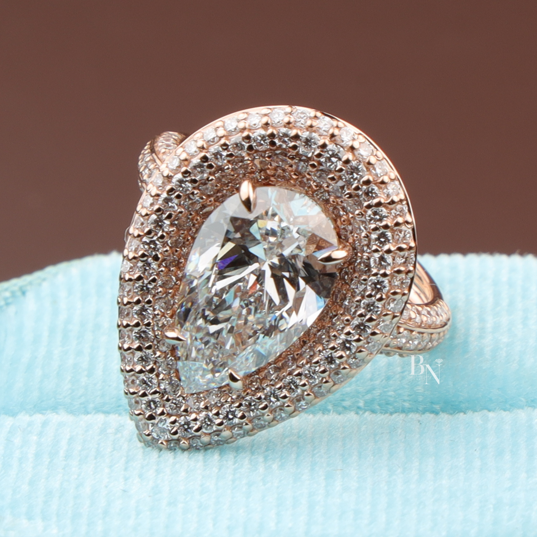 Pear Cut Lab Diamond Ring, 3 Carat Appearance, Double Halo Engagement Ring, Pavé Encrusted Gold Band