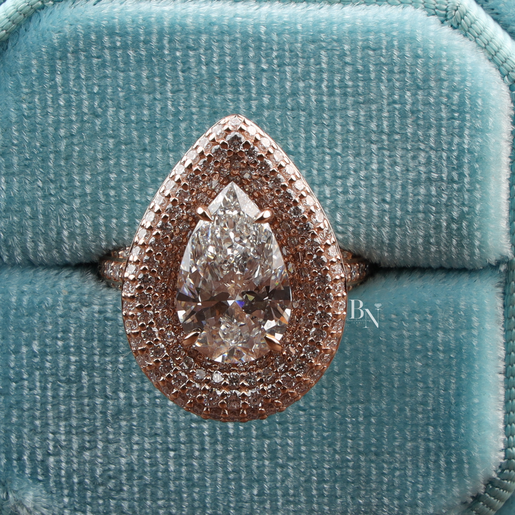 Pear Cut Lab Diamond Ring, 3 Carat Appearance, Double Halo Engagement Ring, Pavé Encrusted Gold Band