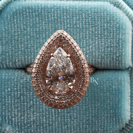 Pear Cut Lab Diamond Ring, 3 Carat Appearance, Double Halo Engagement Ring, Pavé Encrusted Gold Band