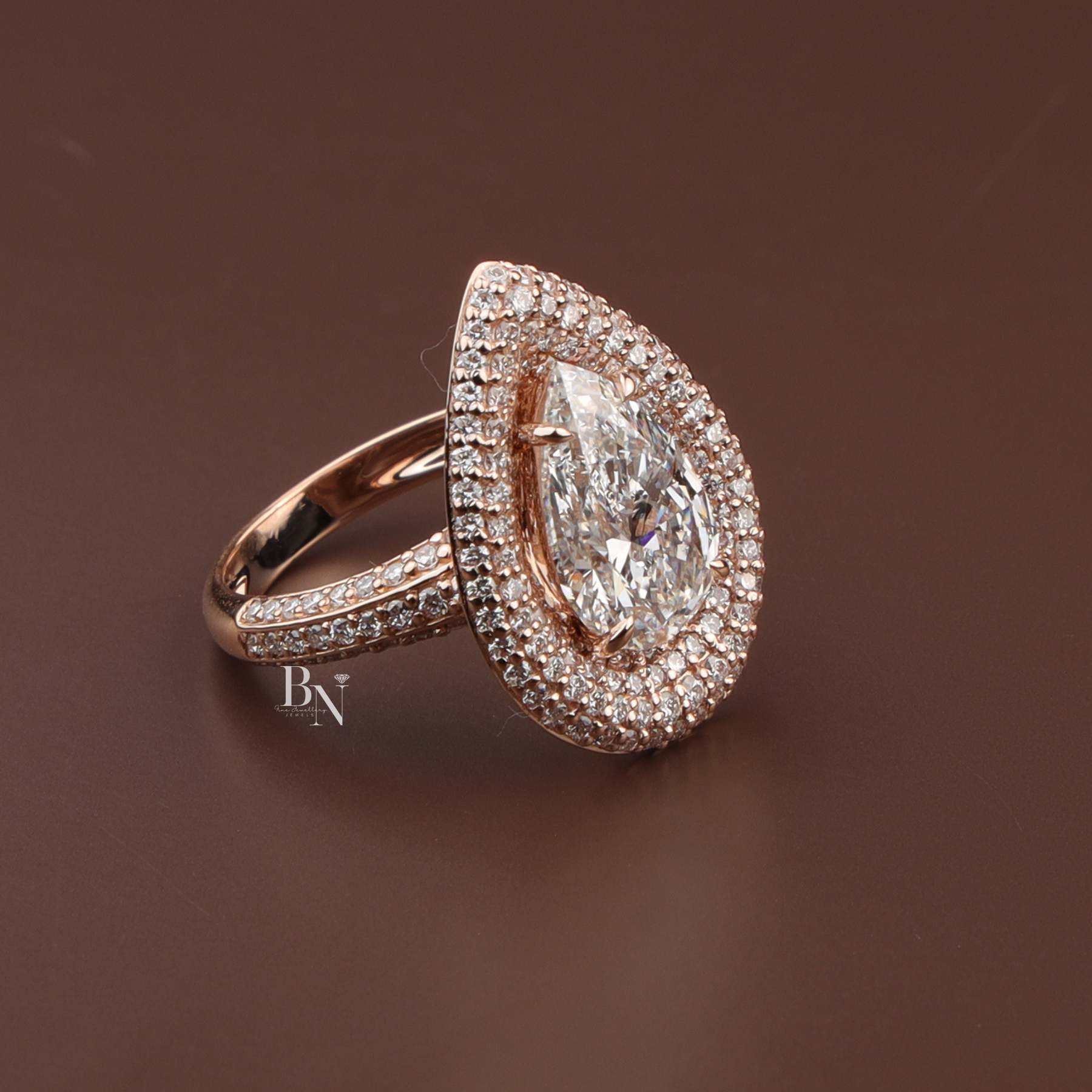 Pear Cut Lab Diamond Ring, 3 Carat Appearance, Double Halo Engagement Ring, Pavé Encrusted Gold Band