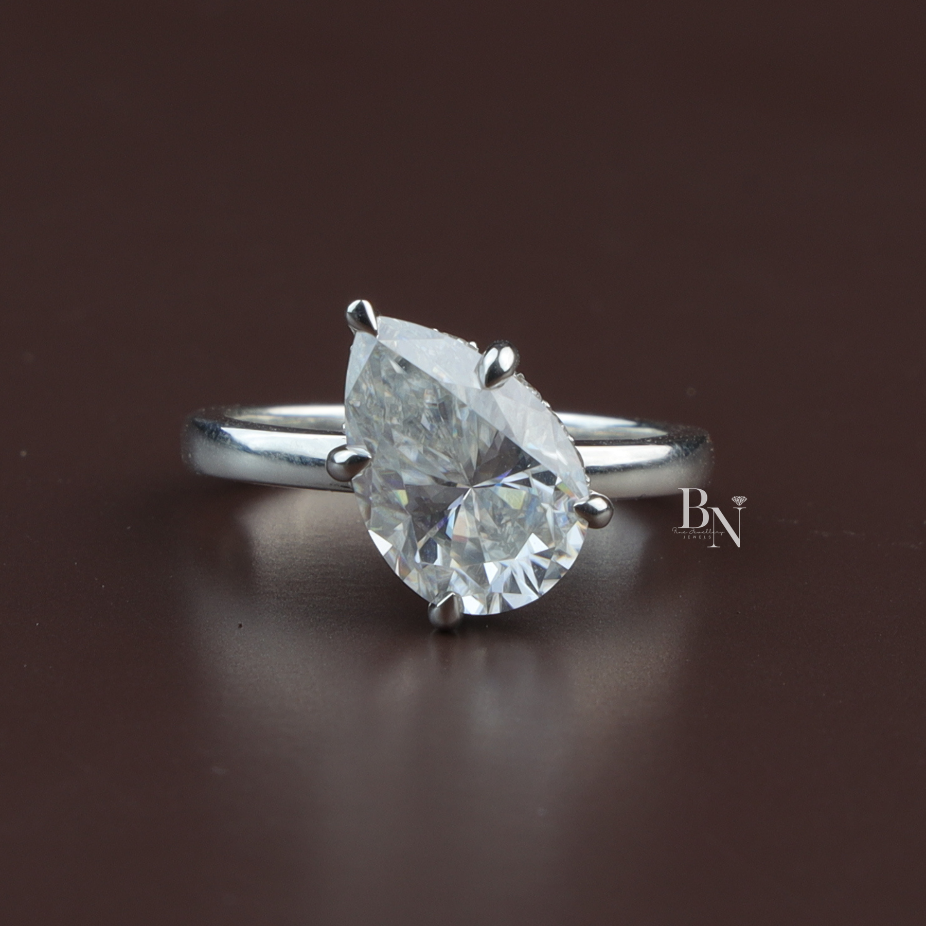 Pear Cut Lab Diamond Engagement Ring, 3 Carat Appearance, Hidden Halo Wedding Ring, Minimalist Solitaire Band