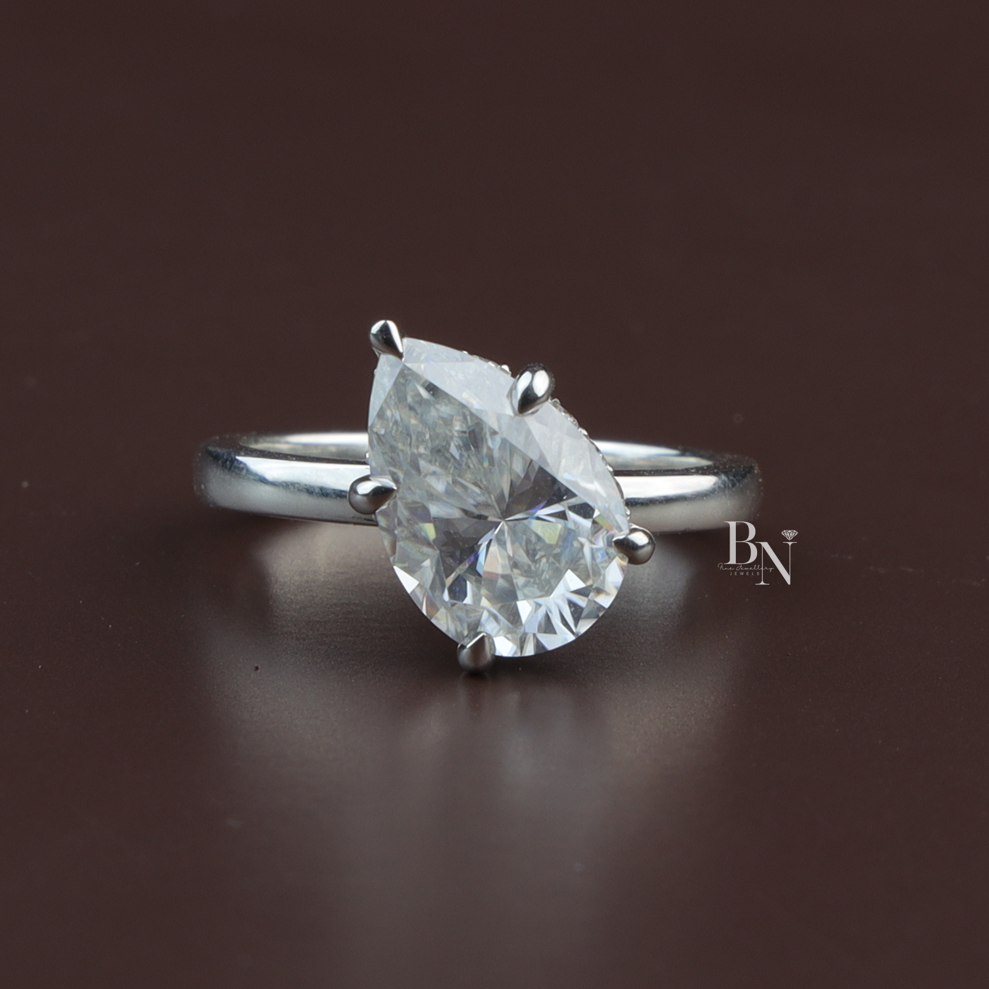 Pear Cut Lab Diamond Engagement Ring, 3 Carat Appearance, Hidden Halo Wedding Ring, Minimalist Solitaire Band
